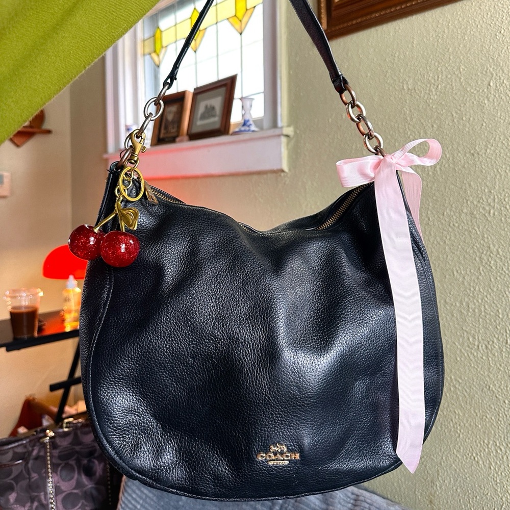 Coach Black Leather Hobo Bag with Pink Ribbon